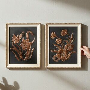 Vintage Canadian Folk Art Hammered Copper Relief Floral Panels Handmade Frames